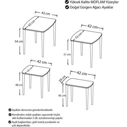 Canisa Concept Anka Serisi Mdf 1.sınıf  4lü Zigon Sehpa Takımı / Krem Renk Gürgen Ayaklar - Görsel 4