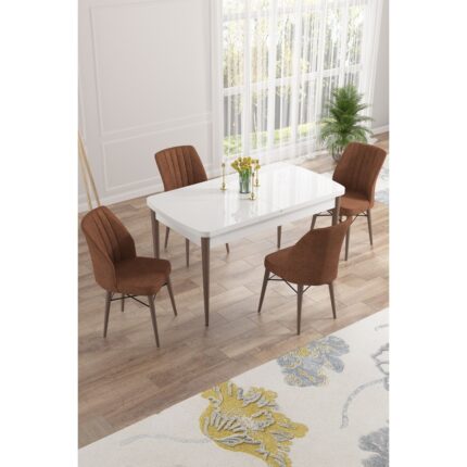 Canisa Concept Nef Serisi 70 x 114 Cm, Açılabilir Mdf Mutfak Masa Takımı, Beyaz Masa Ceviz Ayak, 4 Sandalye
