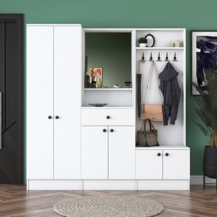 Rani P6 Modern Çekmeceli Aynalı Portmanto Ayakkabılık Vestiyer Beyaz M3 - Görsel 4