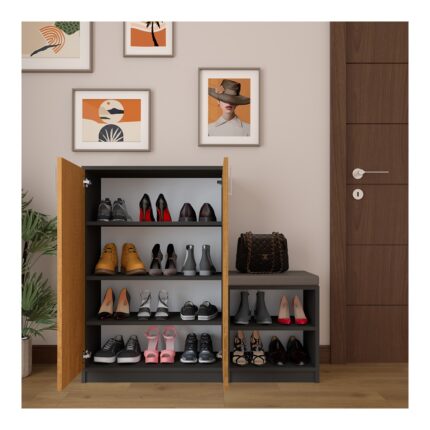 Asra Trend MDF Antrasit/Petra Ayakkabılık - 6 Raflı, Puflu, 2 Kapaklı, Geniş, Çok Amaçlı Dolap, A-30 - Görsel 2