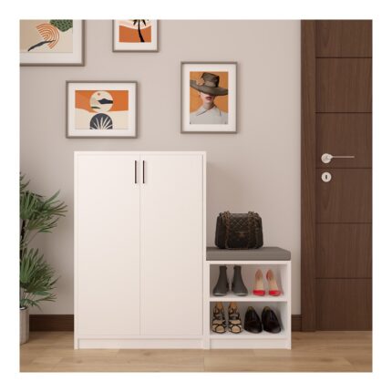 Asra Trend MDF Beyaz Ayakkabılık - 6 Raflı, Puflu, 2 Kapaklı, Geniş, Çok Amaçlı Dolap, A-21