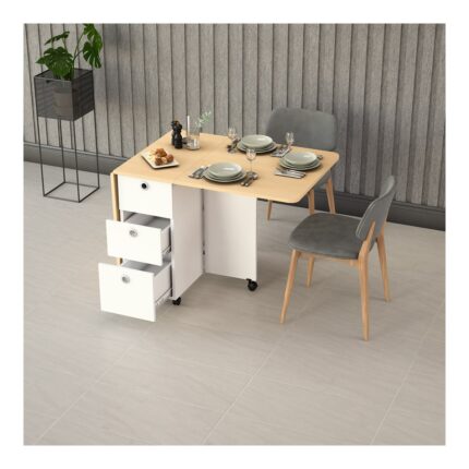 Asra Trend MDF Katlanır Mutfak Yemek Çalışma Masası, 3 Çekmeceli, Beyaz-Akça Ağaç, KM-09
