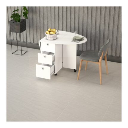 Asra Trend MDF Oval Katlanır Mutfak Yemek Çalışma Masası, 3 Çekmeceli, Beyaz, KM-08
