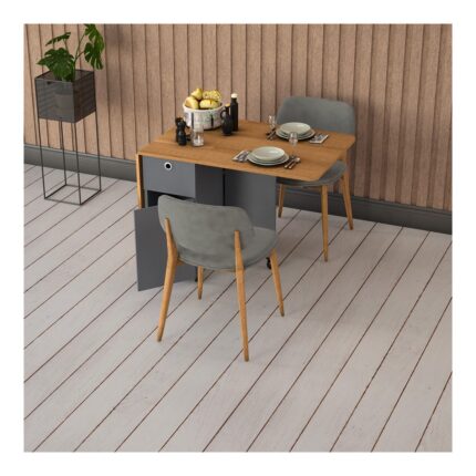Asra Trend MDF Katlanır Mutfak Yemek Çalışma Masası, Çekmece+Dolap, Koyu Gri-Petra, KM-03 - Görsel 2
