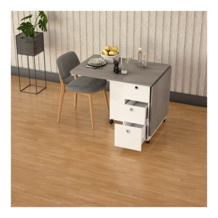Asra Trend MDF Katlanır Mutfak Yemek Çalışma Masası, 3 Çekmeceli, Beyaz-Retro Gri, KM-01 - Görsel 2