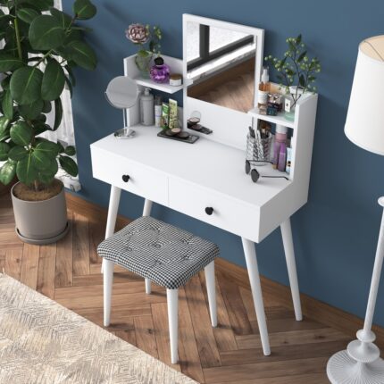 Rani BJ102 Makyaj Masası 2 Çekmeceli Raflı Aynalı Takı Düzenleyici  + Tabure Takım Beyaz - Görsel 3