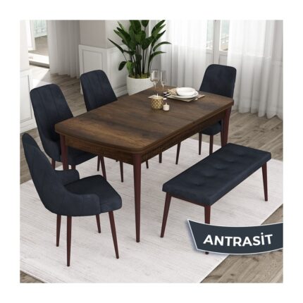 Canisa Concept Ram Serisi 80 x 132 cm Mutfak Masa Takımı Barok Ahşap Desen Masa 4 Sandalye ve 1 Bench