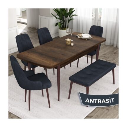 Canisa Concept Ram Serisi 80 x 132 cm Mutfak Masa Takımı Barok Ahşap Desen Masa 4 Sandalye ve 1 Bench - Görsel 2