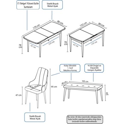 Canisa Concept Ram Serisi 80 x 132 cm Mutfak Masa Takımı Barok Ahşap Desen Masa 4 Sandalye ve 1 Bench - Görsel 5