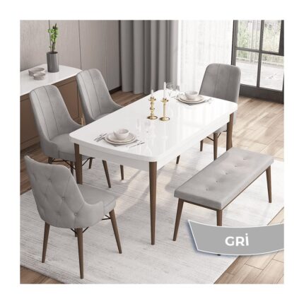 Canisa Concept Iza Serisi, 80 x 132 cm  Mdf Beyaz Masa Ceviz Ayak Mutfak Masa Takımı, 4 Sandalye 1 Bench