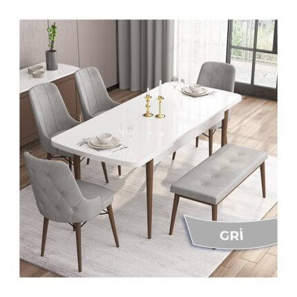 Canisa Concept Iza Serisi, 80 x 132 cm  Mdf Beyaz Masa Ceviz Ayak Mutfak Masa Takımı, 4 Sandalye 1 Bench - Görsel 2
