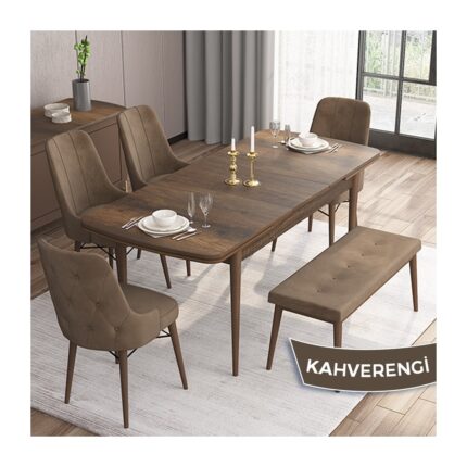Canisa Concept Iza Serisi, 80 x 132 cm Mdf Masa, Barok Ahşap Desen Mutfak Masa Takımı, 4 Sandalye 1 Bench - Görsel 2