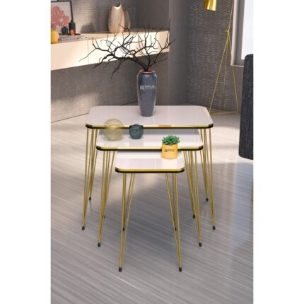 Gold Falez Metal Ayaklı Zigon Sehpa Seti Siyah Yüzey Gold Kenar 37x60x55 cm Minimalist