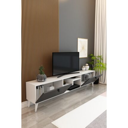 İzco Design Izco Design Model Z Tv Ünitesi 150 cm Dekoratif Raflı Iki Kapaklı Tv Sehpası Beyaz-Antrasit Renk - Görsel 2