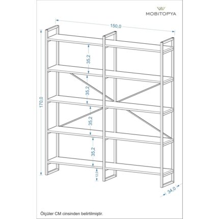 Mobitopya Nilamu 150 cm Kitaplık / Metal Aksamlı / Açık Raf / Organizer / Ofis / Ev / 5 Raflı Kitaplık - Görsel 3