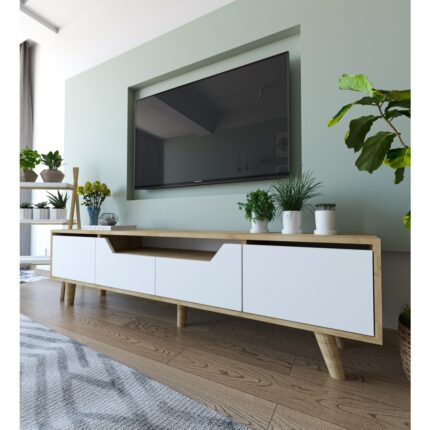 VM VERTEX MOBİLYA Roma Ahşap Ayaklı Tv Ünitesi Tv Sehpası Safir Meşe - Beyaz - Görsel 2