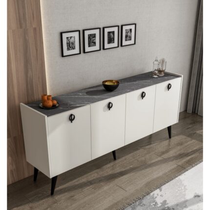 Alonex Kaya Konsol Ay Taşı(Kırık Beyaz) Mermer Desenli 180 cm Yemek Odası Ofis Salon Ünite - Görsel 2