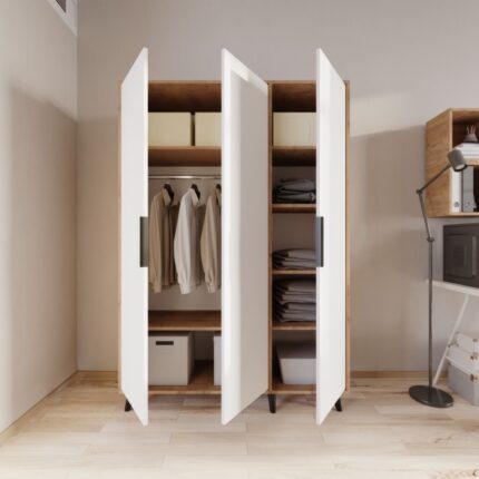 Alonex Aden Üç Kapılı 120 x 192 cm Elbise Dolabı Sepet-Beyaz Yatak Odası Çocuk Odası Gardırop - Görsel 3
