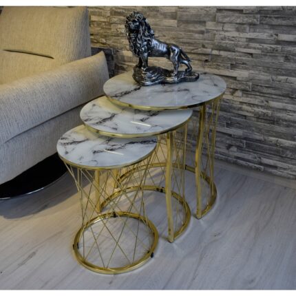 Sedaş Living Units 3 Lü Beyaz Mermer  Temperli Cam Gold Ayaklı Hasır Telli Zigon Sehpa Sedaş-Zigon-Gold