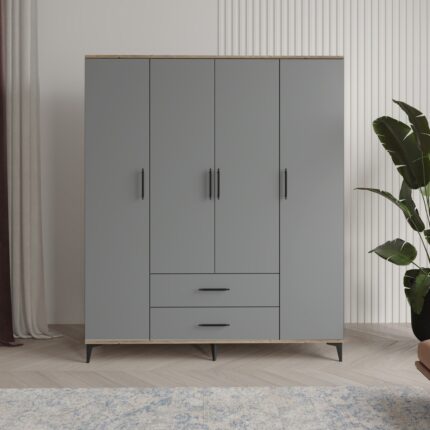 Afilli Urla 4 Kapaklı 2 Çekmeceli Gardrop Tamamı Mdf( Atlas Çam Buz Gri )