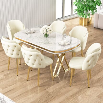 Canisa Zae Serisi 90X168 Lak Panel Beyaz Mermer Desen Gold Ayak Masa Takımı 6 Sandalye