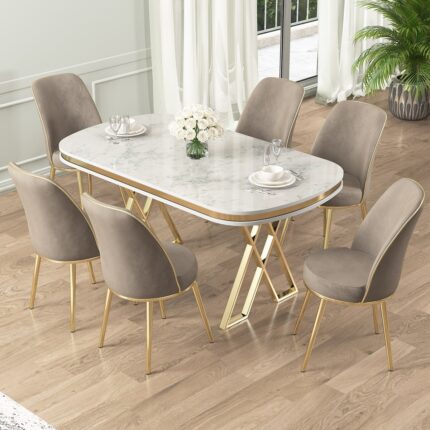 Canisa Lai Serisi 90X168 Lak Panel Beyaz Mermer Desen Gold Ayak Masa Takımı 6 Sandalye