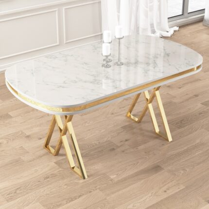 Canisa Lai Serisi 90X168 Lak Panel Beyaz Mermer Desen Gold Ayak Masa Takımı 6 Sandalye - Görsel 3