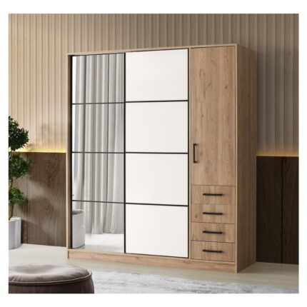 Erezoğulları Mobilya Damla Meşe Modern Sürgülü Aynalı Elbise Dolabı Gardrop 180X60X210CM
