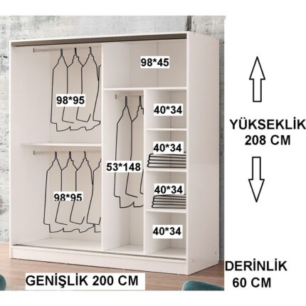 Beenal Venüs Sürgülü Gardırop 200 cm - Lefkas Ceviz Beyaz - Görsel 3