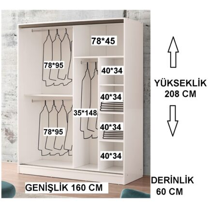Beenal Venüs Sürgülü Gardırop 160 cm - Lefkas Ceviz Beyaz - Görsel 3