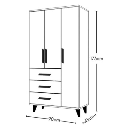 Metalia Gm 303-A Ece 3 Kapı 3 Çekmeceli Ayaklı Siyah Kulplu Gardırop - Görsel 5