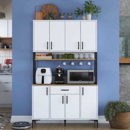 Rani JE127 Çok Amaçlı Dolap 8 Kapaklı 1 Çekmeceli Kiler Mutfak Dolabı Beyaz - Sepet Ceviz - Görsel 3