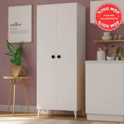İmbaş 2 Kapaklı 5 Raflı Mega Çok Amaçlı Mutfak Dolabı Banyo Dolabı Beyaz %100 Mdf - Görsel 2