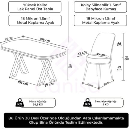 Canisa Lai Serisi 90X168 Lak Panel Beyaz Mermer Desen Gold Ayak Masa Takımı 6 Sandalye - Görsel 5