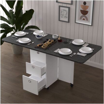 Asra Trend MDF Katlanır Mutfak Yemek Çalışma Masası, 3 Çekmeceli, Beyaz-Royal Mermer, KM-30