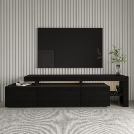 İnarch Dizayn Beliz Modern LED Işıklı 3 Kapaklı, Raflı TV Sehpası – 192 cm - Ahşap Siyah - Görsel 2