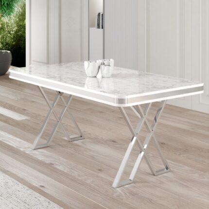 Canisa Rigel Serisi 80x130 Lak Panel Beyaz Mermer Desen Masa Takımı Krom Ayaklı 4 Sandalye - Görsel 3