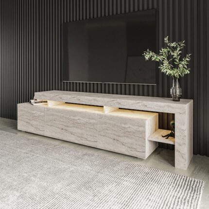 İnarch Dizayn Beliz Modern LED Işıklı 3 Kapaklı, Raflı TV Sehpası – 192 cm - Traverten - Görsel 3