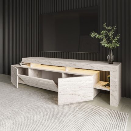 İnarch Dizayn Beliz Modern LED Işıklı 3 Kapaklı, Raflı TV Sehpası – 192 cm - Traverten - Görsel 4