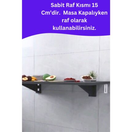 Kydonia Home 45x72 cm İskandinav Tarzı Duvara Monte Katlanır Masa – Antrasit Gri, Sabit Raflı, Oval Köşeli - Görsel 3
