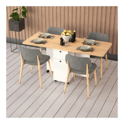 Asra Trend MDF Katlanır Mutfak Yemek Çalışma Masası, Çekmece+Dolap, Beyaz-Safir Meşe, KM-02
