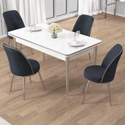 Canisa Rewa Serisi 70 x 110 Sabit Beyaz Krom Detay Masa Takımı ve 4 Sandalye - Görsel 2