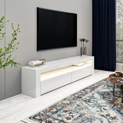 İnarch Dizayn Batı LED Işıklı 2 Kapaklı TV Sehpası – 150 cm – Minimal Tasarım, Parlak Beyaz - Görsel 2