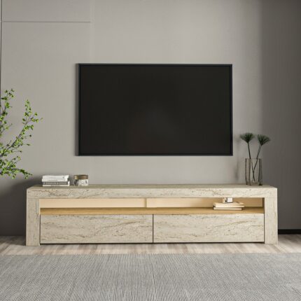 İnarch Dizayn Batı LED Işıklı 2 Kapaklı TV Sehpası – 150 cm – Minimal Tasarım, Traverten Desen