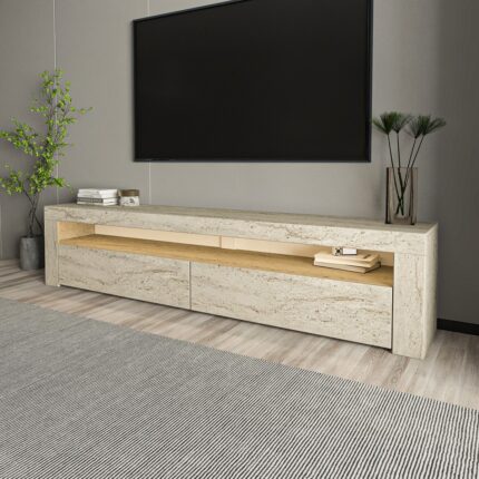 İnarch Dizayn Batı LED Işıklı 2 Kapaklı TV Sehpası – 150 cm – Minimal Tasarım, Traverten Desen - Görsel 3