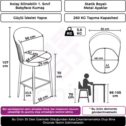 Canisa Concept Fora Serisi Mutfak  Bar Sandalyesi  Babyface Kumaş Siyah Metal Ayak 1 Adet Sandalye - Görsel 2