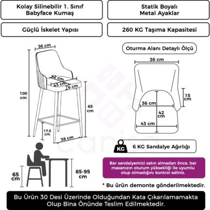 Canisa Concept Tera Serisi, Mutfak Bar Sandalyesi,  Babyface Kumaş, Beyaz Metal Ayak, 1 Adet Sandalye - Görsel 2