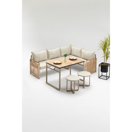 Wood House Monisa (Masa ve Puflu) Köşe Takımı Bej-Kahve (Balkon-Bahçe-Mutfak)