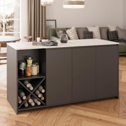 Bimossa Gustav L4730 Mutfak Adası 160  cm  – Carrara Mermer Antrasit, Şaraplık, Bar Masası, Çok Amaçlı Depolamalı Dolap