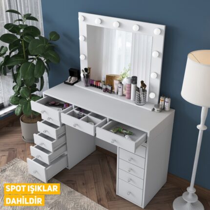 Rani BJ119 Hollywood Işıklı Aynalı Kulis Makyaj Masası 13 Çekmeceli Takı Düzenleyici Beyaz